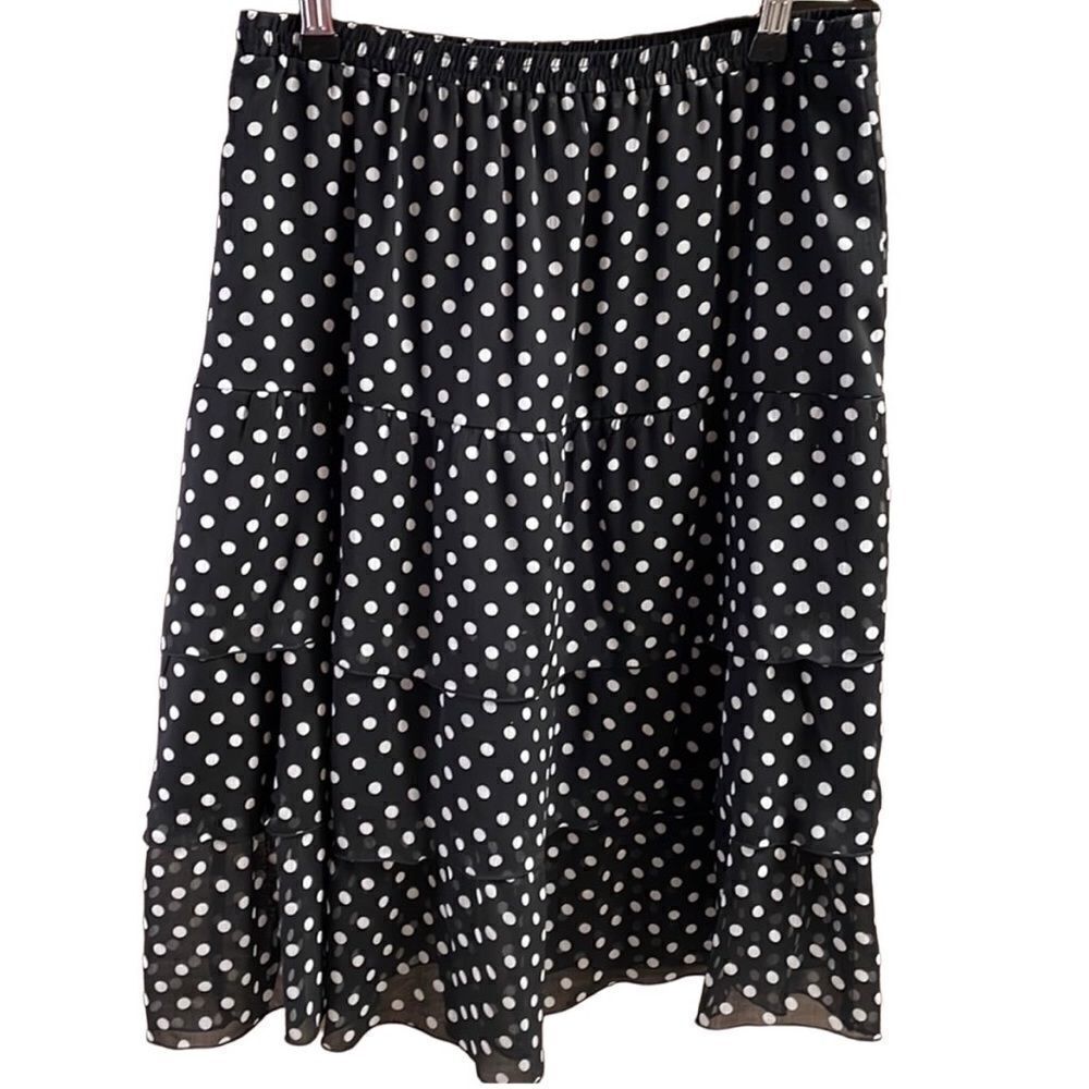 Notations Womens Polka Dot Tiered Layer Ruffle Skirt Petite Medium Black White